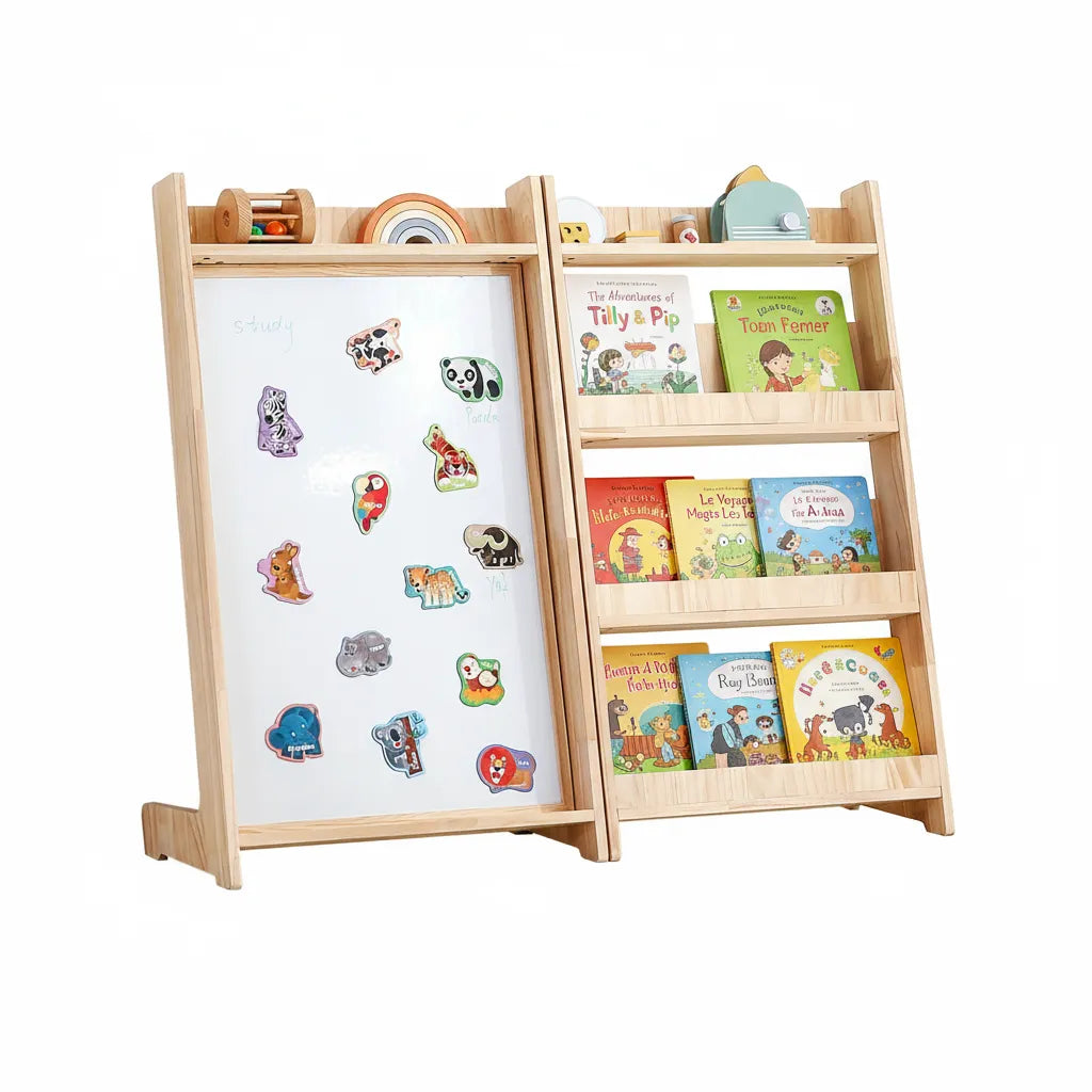 Angled view of the solid pine Montessori bookshelf and magnetic board combo unit on a white background