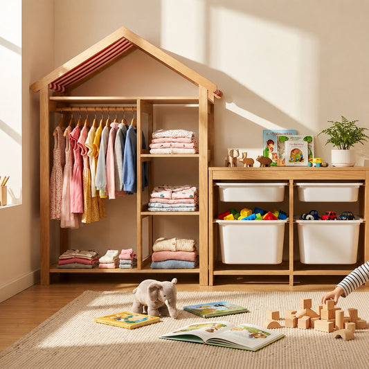 House-Shaped Kids Clothing Rack and Storage Wardrobe, Solid Wood