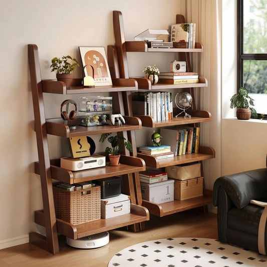 Leaning Ladder Bookshelf, Solid Rubberwood