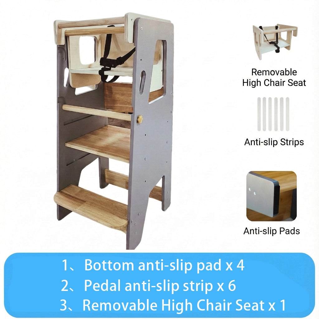 Infographic of a grey standing stool with a removable high chair seat attachment and anti-slip features