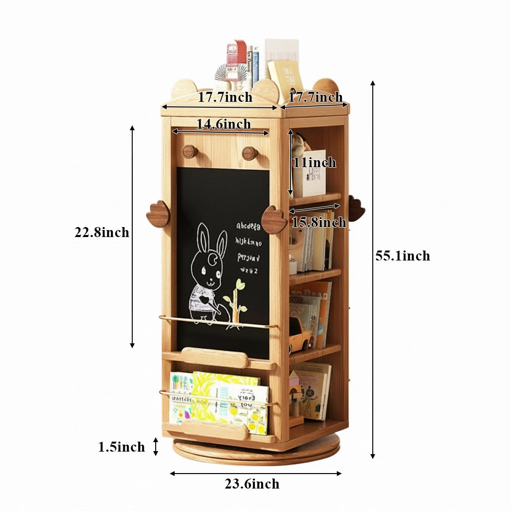 Rotating Montessori Bookshelf with Chalkboard, Solid Red Oak