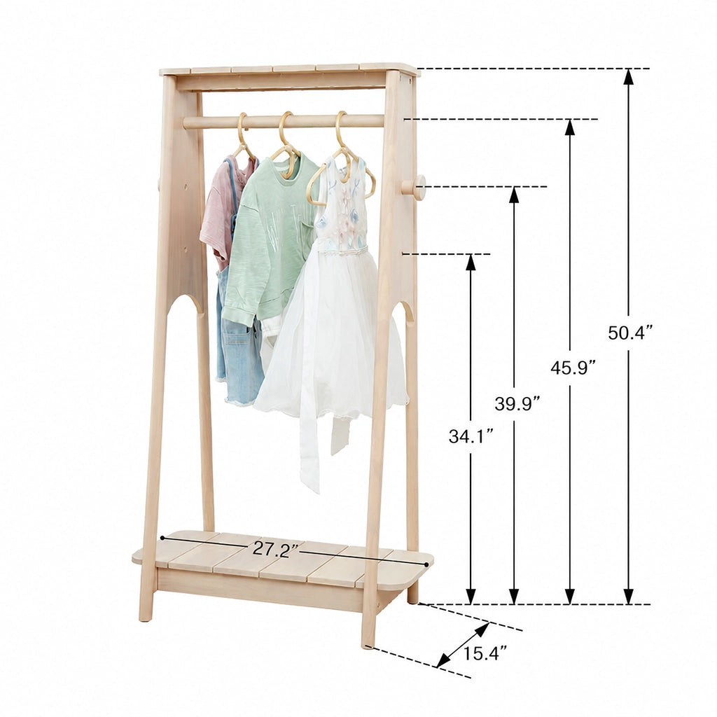 Adjustable kids clothing rack dimensions showing width of 27.2 inches and heights up to 50.4 inches