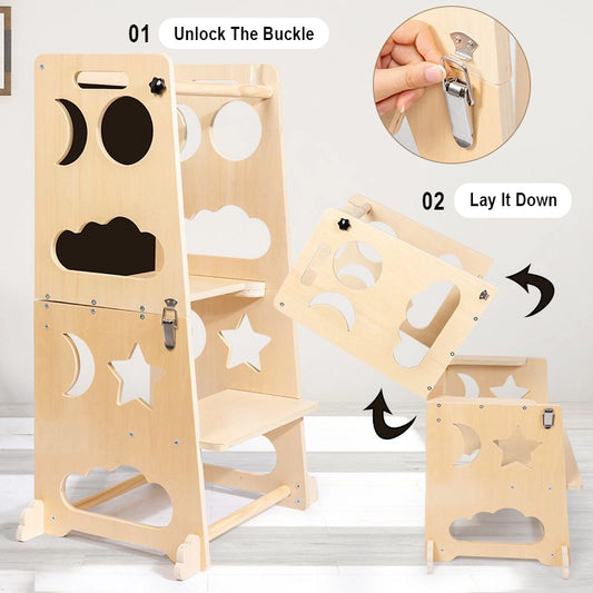 Diagram showing conversion steps to unlock the buckle and lay down the toddler step stool