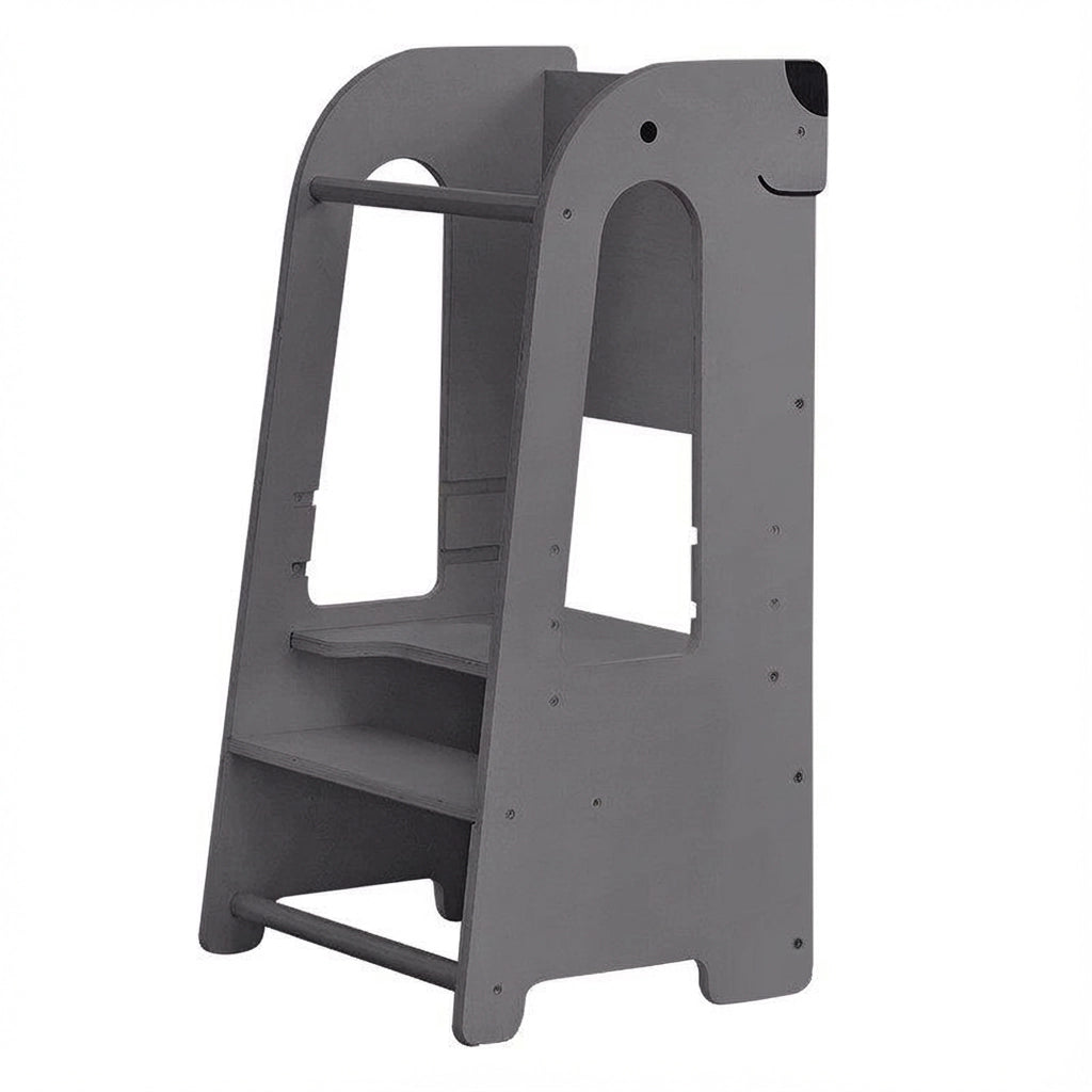 Empty dark gray toddler step stool tower with a dog silhouette cutout on a white background