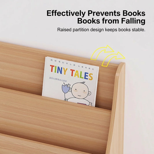 Close-up of the raised partition design on a toddler bookshelf holding a book titled Tiny Tales