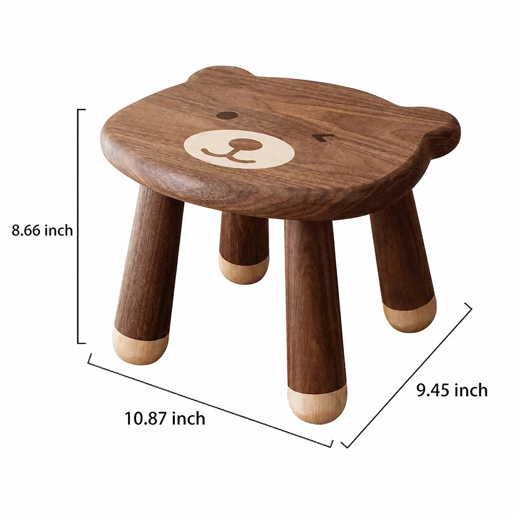 Kids bear stool measuring 10.87 inches wide, 9.45 inches deep, and 8.66 inches high on a white background