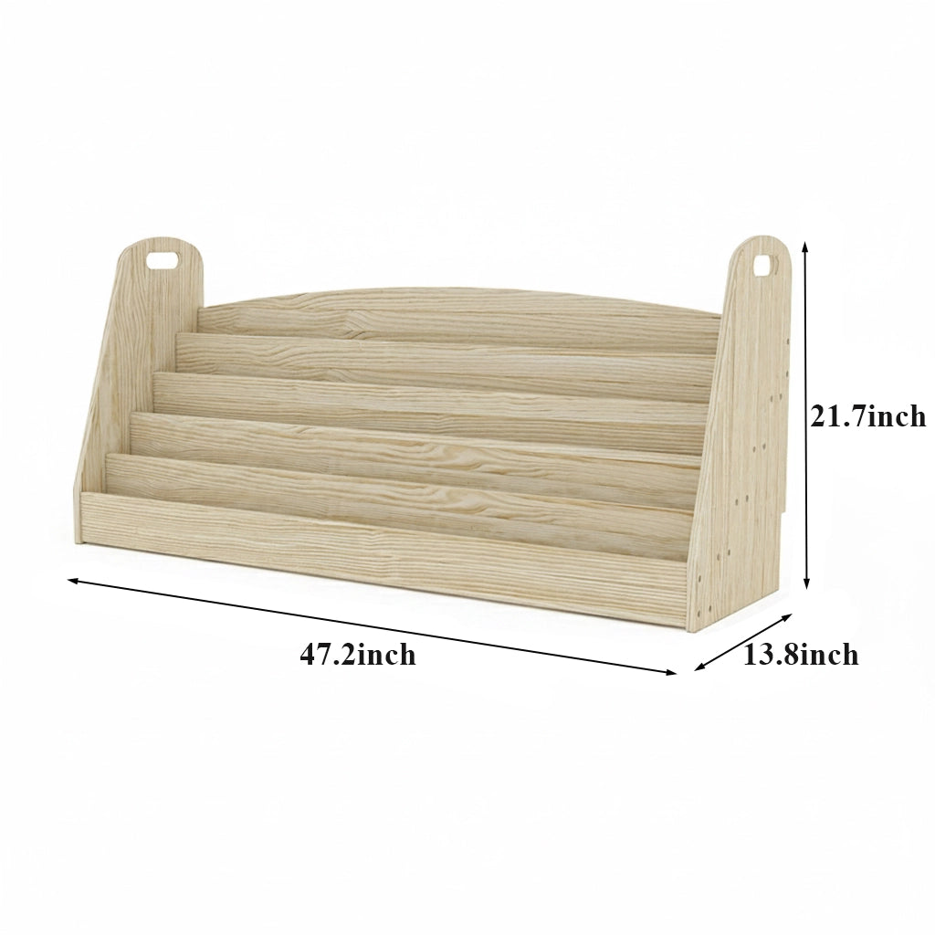 Empty solid pine book rack measuring 47.2 inches wide, 13.8 inches deep, and 21.7 inches high