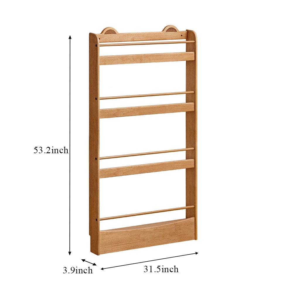 Dimensions for a 4-tier Montessori bookshelf measuring 31.5 inches wide, 3.9 inches deep, and 53.2 inches high