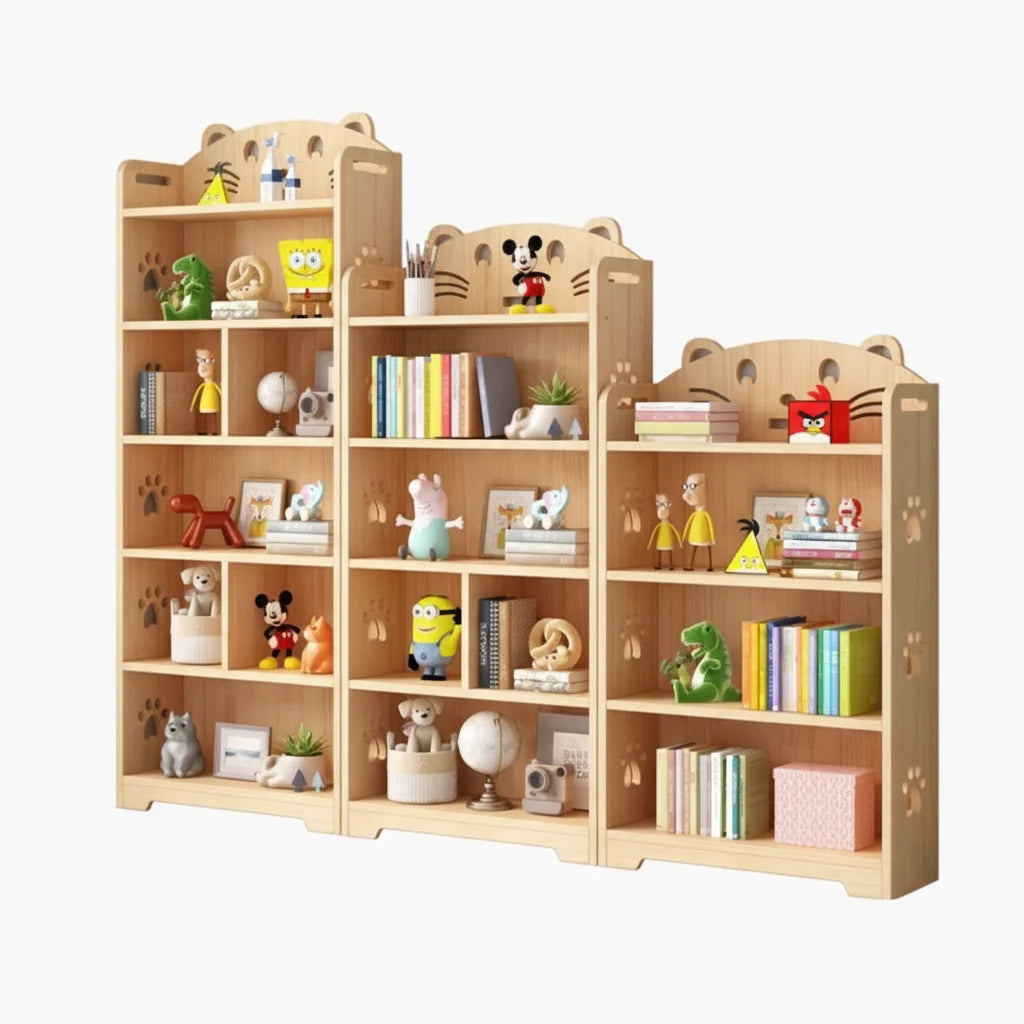 Three-piece stepped solid pine kids bookshelf set with fully open storage on a white background