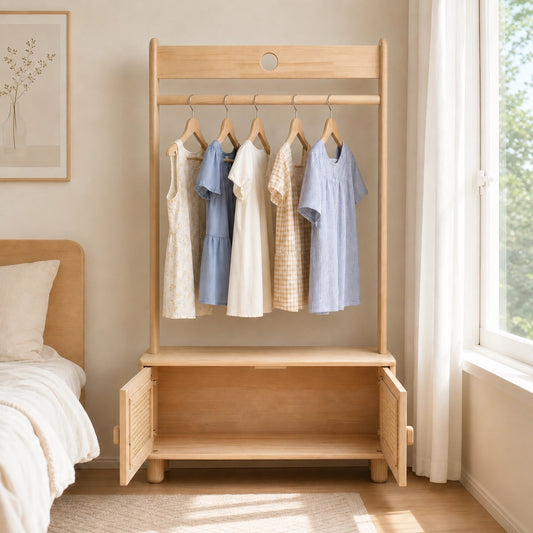 Solid pine kids garment rack with open rattan cabinet doors showing lower storage space beside a bed