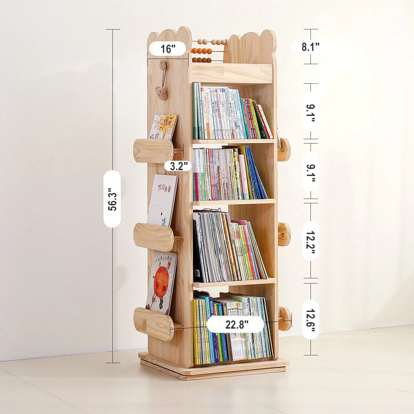 Kids Rotating Bookshelf, Solid Pine