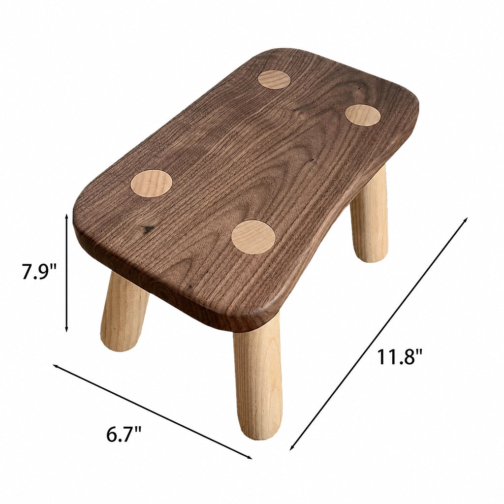 Solid wood kids low stool measuring 11.8 inches wide, 6.7 inches deep, and 7.9 inches high