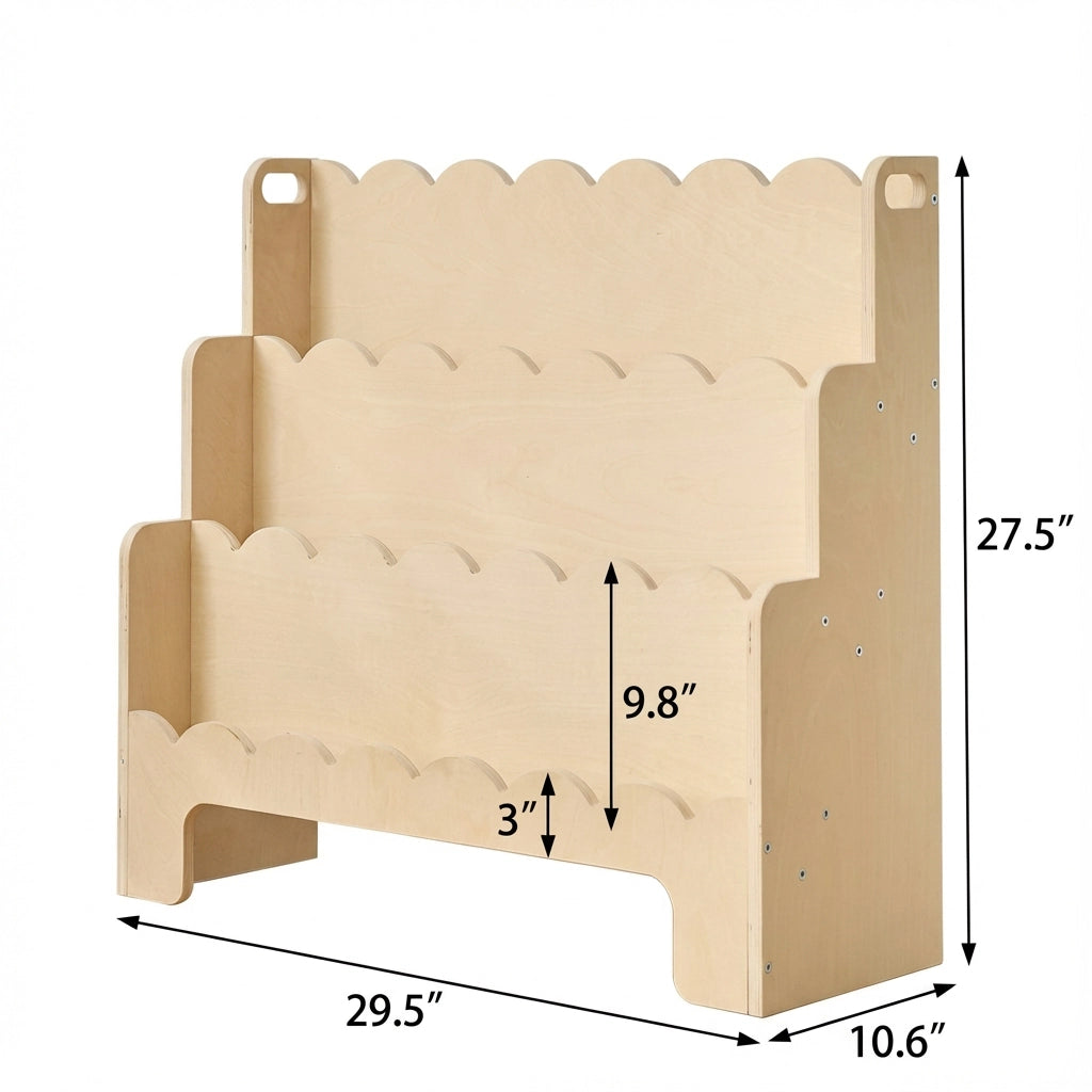 Dimension diagram of the plywood toddler bookshelf showing width 29.5, height 27.5, and depth 10.6 inches
