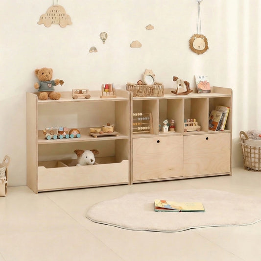 Modular marine plywood toy storage units combining an open shelf with a cubby cabinet in a playroom
