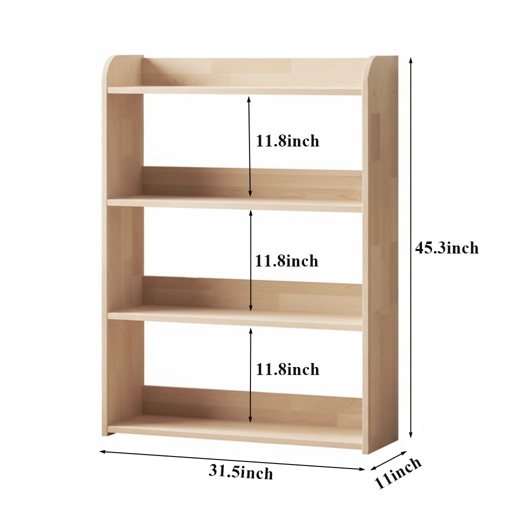 Dimensions of a four-tier toddler toy shelf measuring 31.5 inches wide, 11 inches deep, and 45.3 inches high