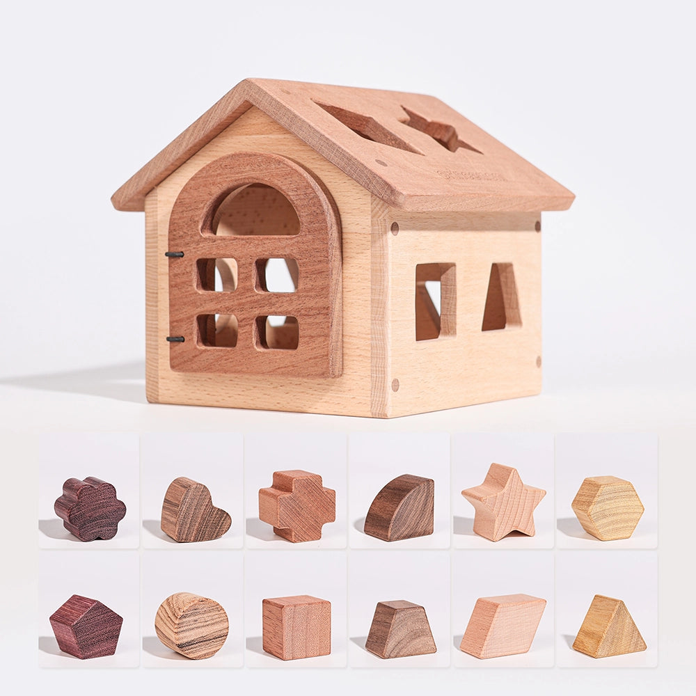 Montessori wooden shape sorter house shown with all twelve matching geometric blocks lined up below