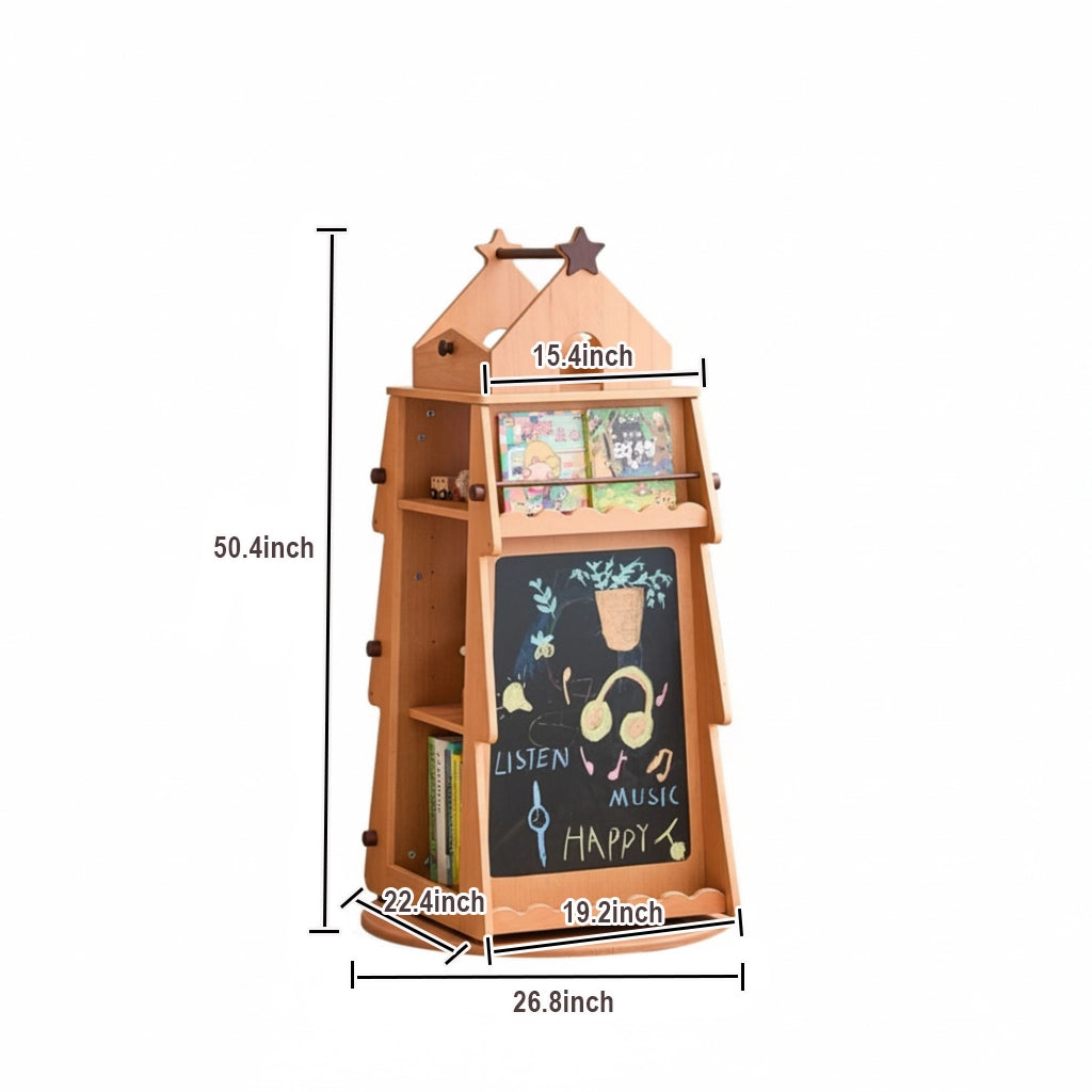 Rotating treehouse kids bookshelf dimension diagram measuring 50.4 inches high and 26.8 inches wide