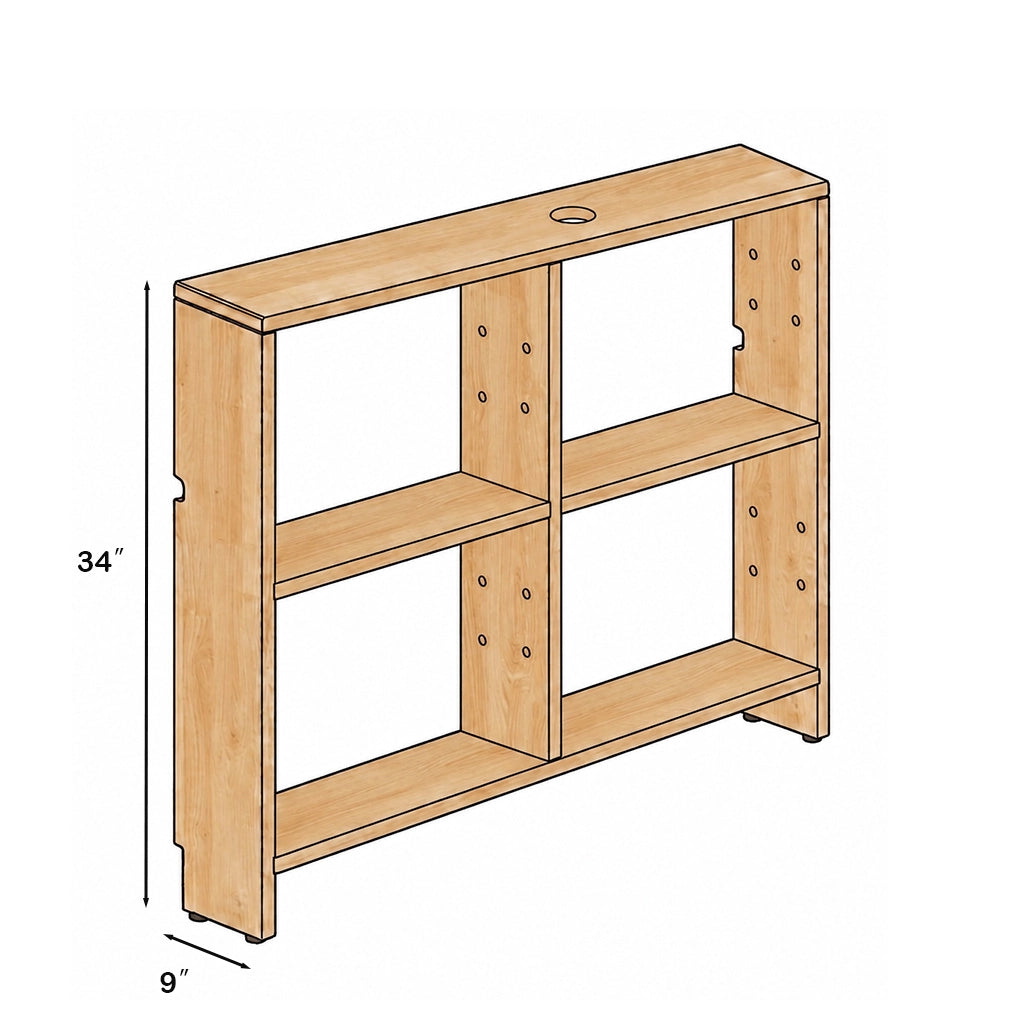 Dimension diagram of a solid pine slim console bookshelf with shelves measuring 34 inches high and 9 inches deep