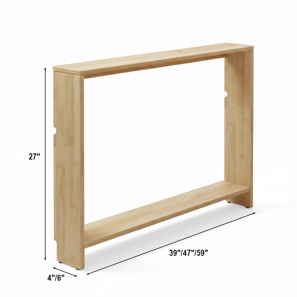 Open console bookshelf dimensions chart showing 27 inches high, 4 or 6 inches deep, and up to 59 inches wide