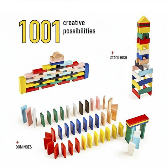 Infographic showing a block tower, a stacked wall structure, and a domino line built from the wooden block set