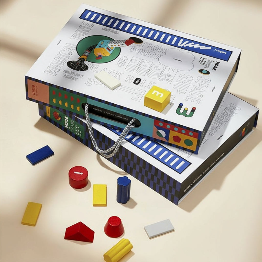 Two illustrated carrying cases stacked together with several colorful solid beech wood blocks scattered around