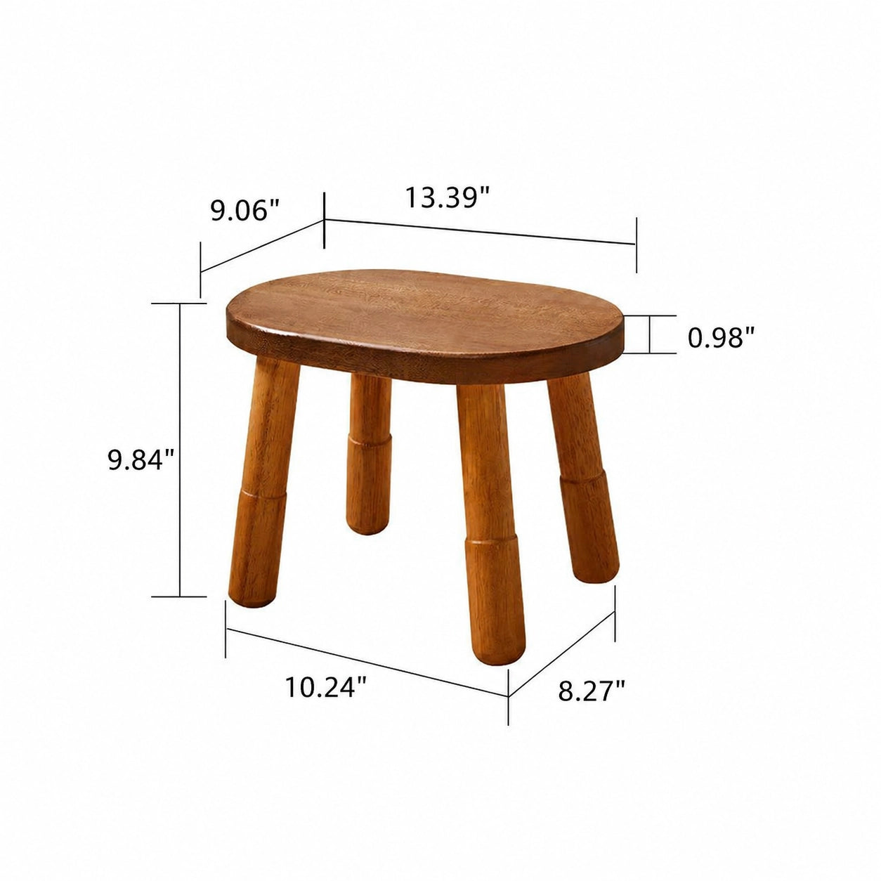 Dimension diagram of the oval-shaped low stool showing a width of 13.39 inches and height of 9.84 inches