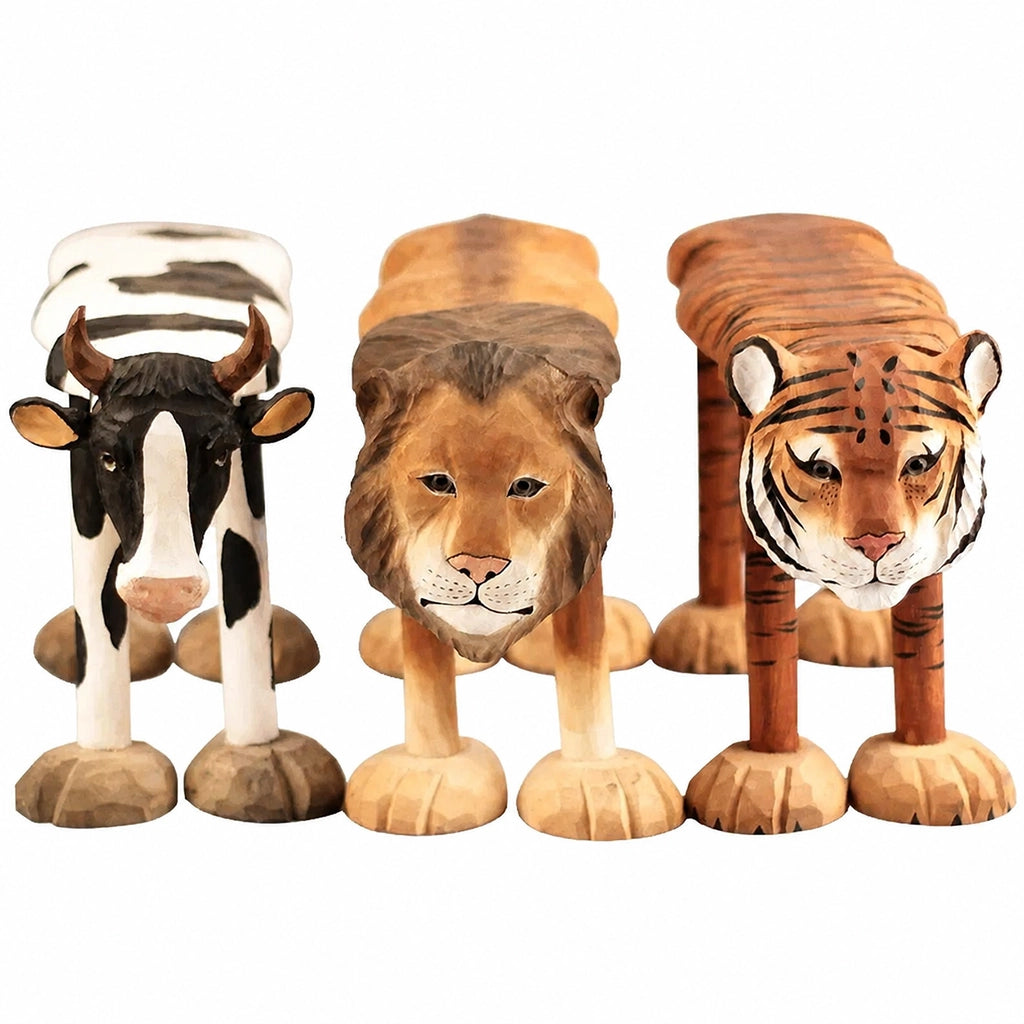 Hand-Carved Animal Low Stool for Toddlers, Solid Basswood