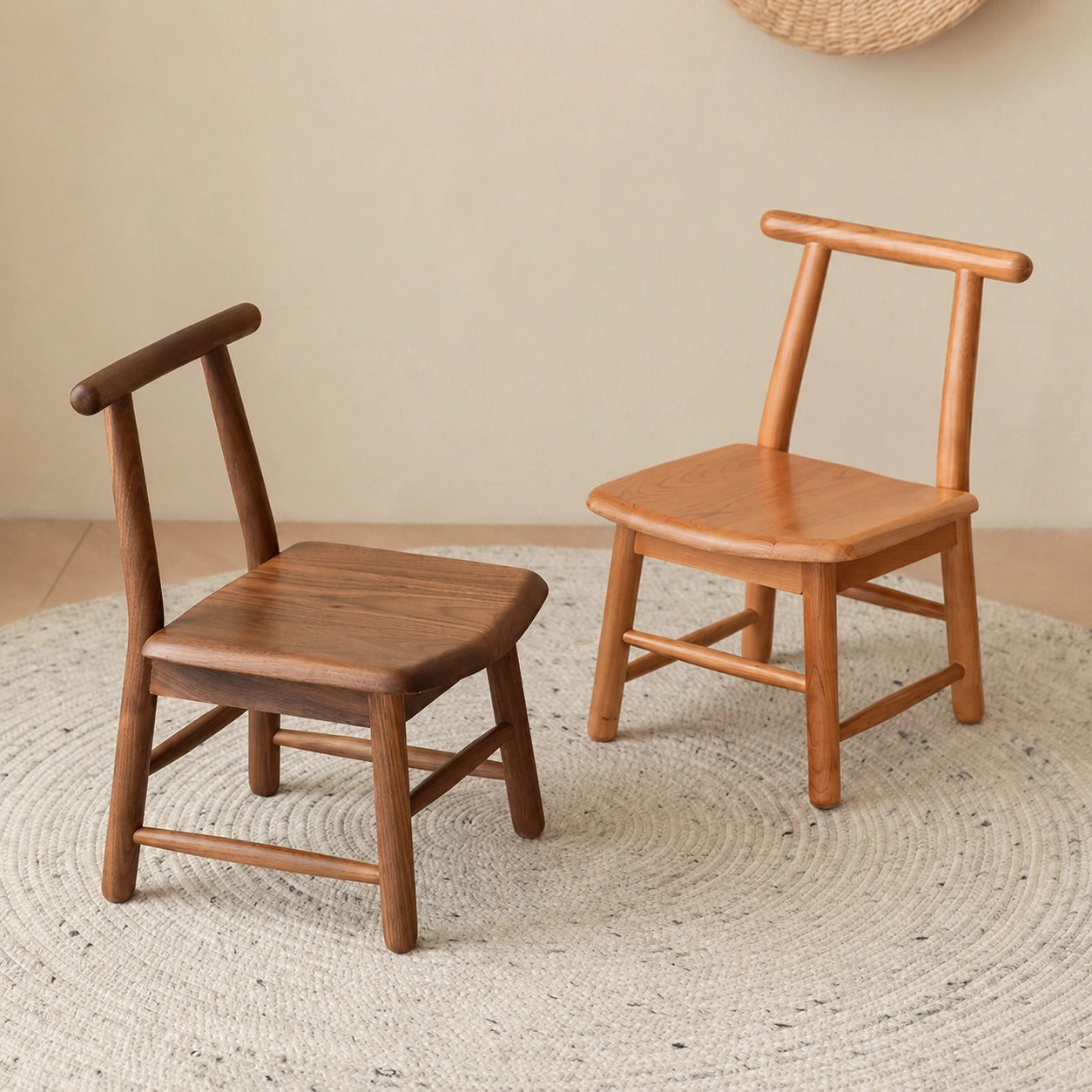 Solid Wood Kids Backrest Chair and Low Stool