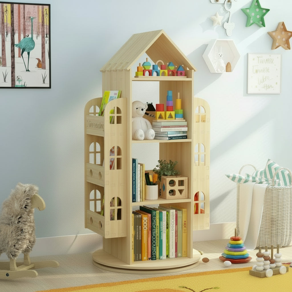 House-Shaped Montessori Rotating Bookshelf, Solid Pine
