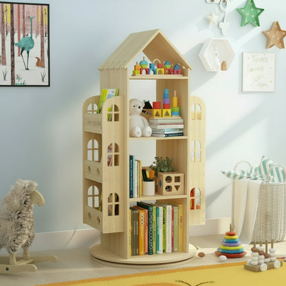 House-Shaped Montessori Rotating Bookshelf, Solid Pine