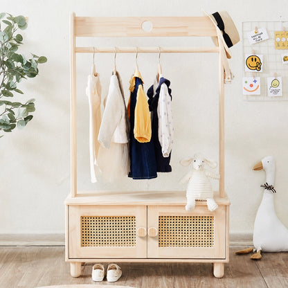 Kids Garment Rack with Rattan Storage Cabinet, Solid Pine