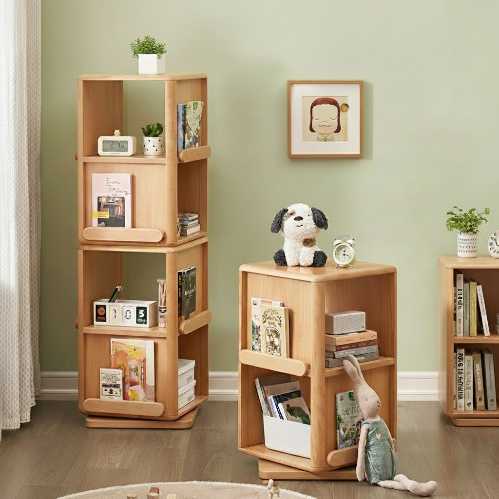 Rotating Solid Beech Kids Bookshelf Montessori Book Storage Tower