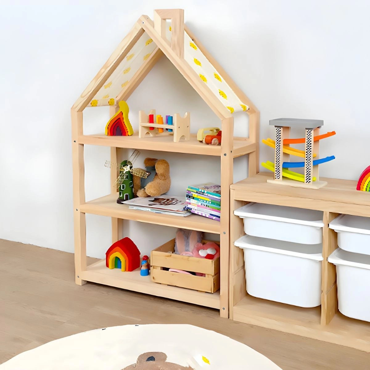 House-Shaped Montessori Toy Shelf, Solid Pine