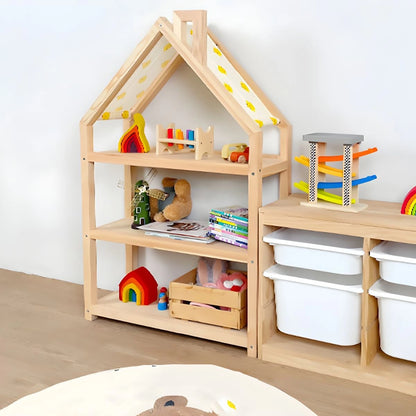 House-Shaped Montessori Toy Shelf, Solid Pine
