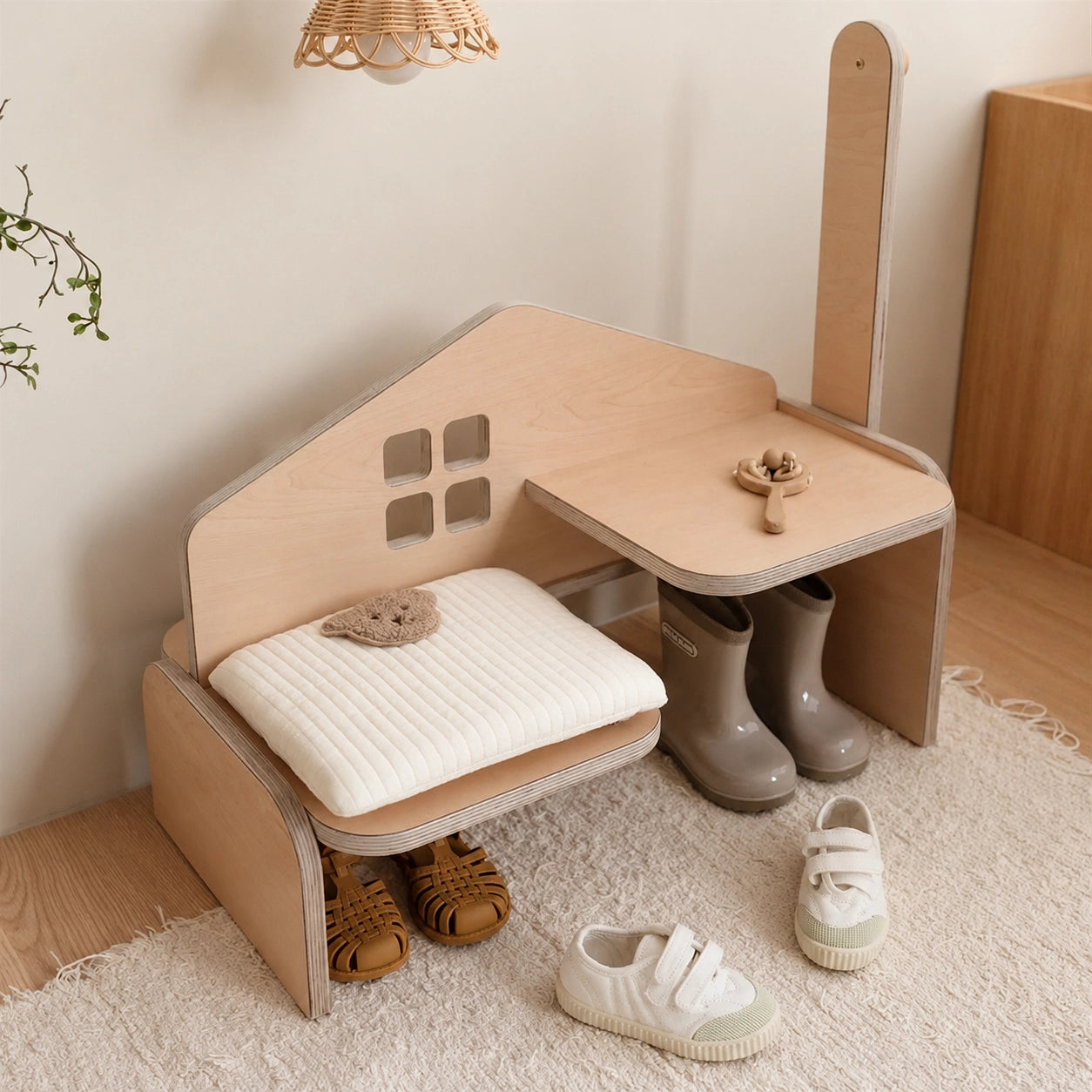 Montessori Wooden Kids Shoe Storage Bench, Marine Plywood