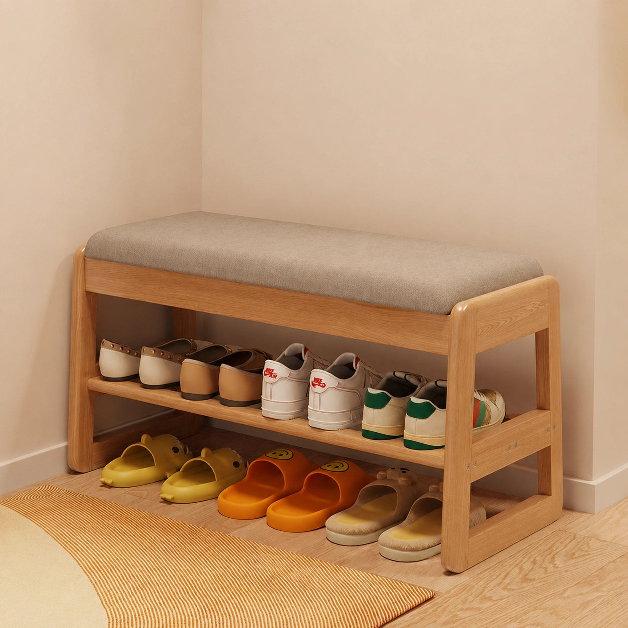 Entryway Shoe Storage Bench with Padded Cushion, Solid Rubberwood