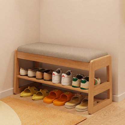 Entryway Shoe Storage Bench with Padded Cushion, Solid Rubberwood