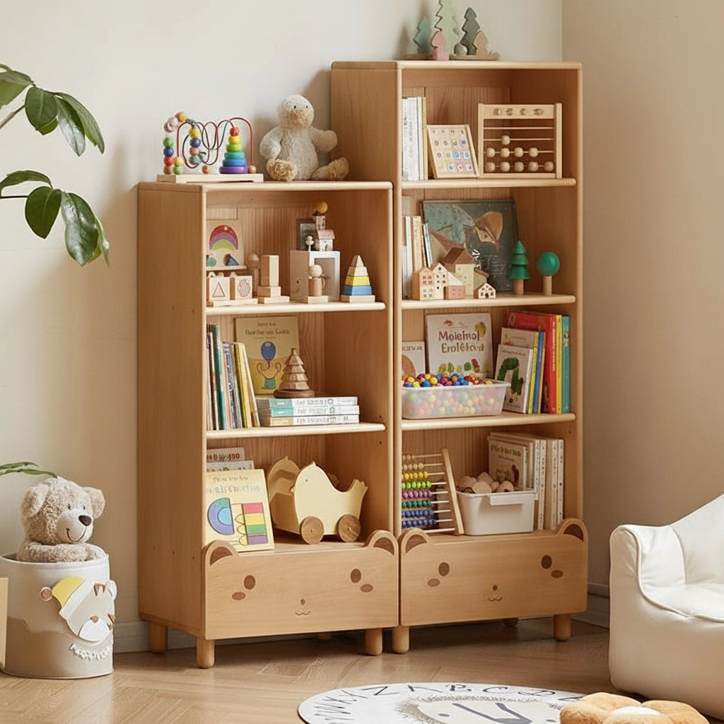 Solid Beech Kids Bookcase with Bear Drawer