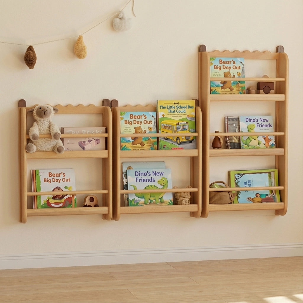 Front-Facing Montessori Wall Bookshelf, Solid Beech Wood