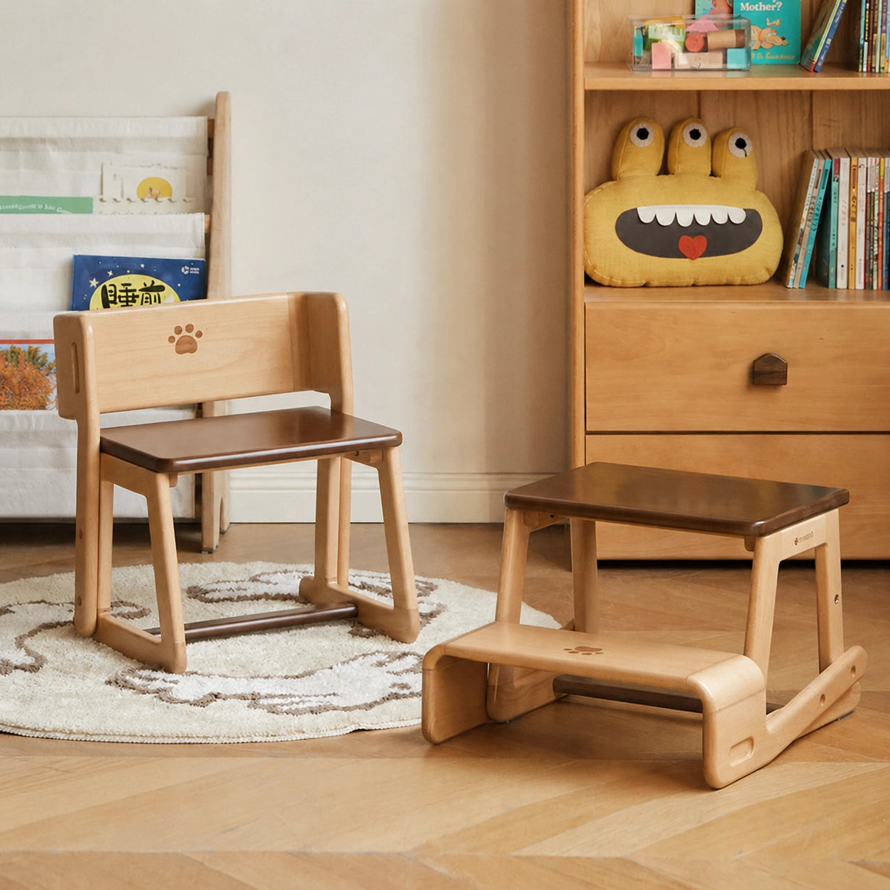 2-in-1 Toddler Step Stool and Chair, Solid Beech Wood