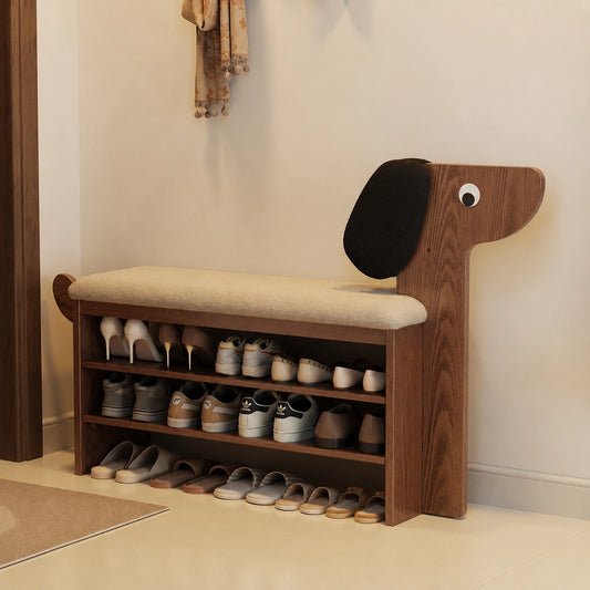 Dog-Shaped Shoe Storage Bench with Padded Seat, Solid Rubber Wood