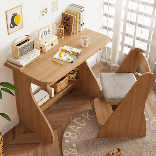 Children’s Study Desk and Adjustable Chair Set, Solid Pine