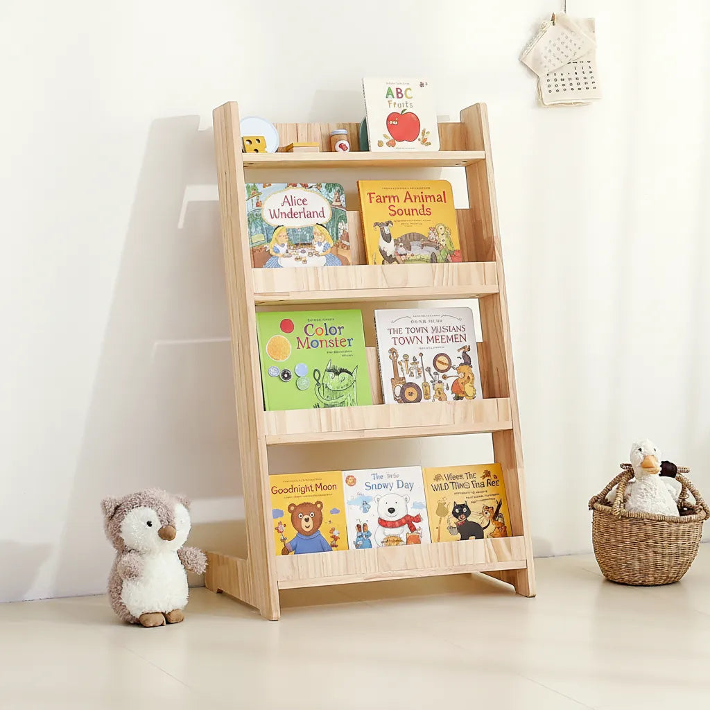 Angled view of the solid pine toddler bookshelf unit filled with children's picture books beside a plush owl toy