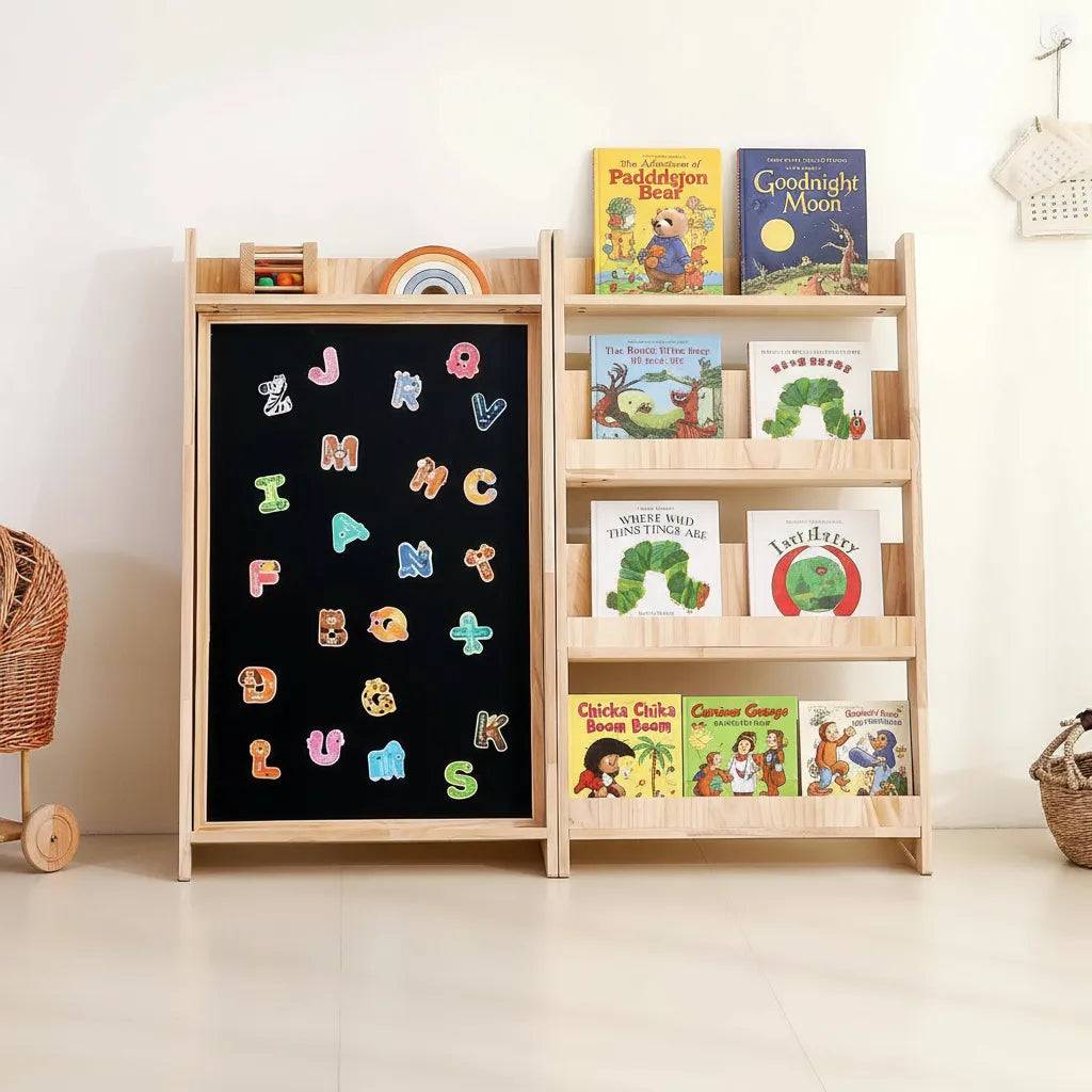 Front view of a 2-in-1 Montessori bookshelf and magnetic chalkboard unit made of solid pine with colorful magnets