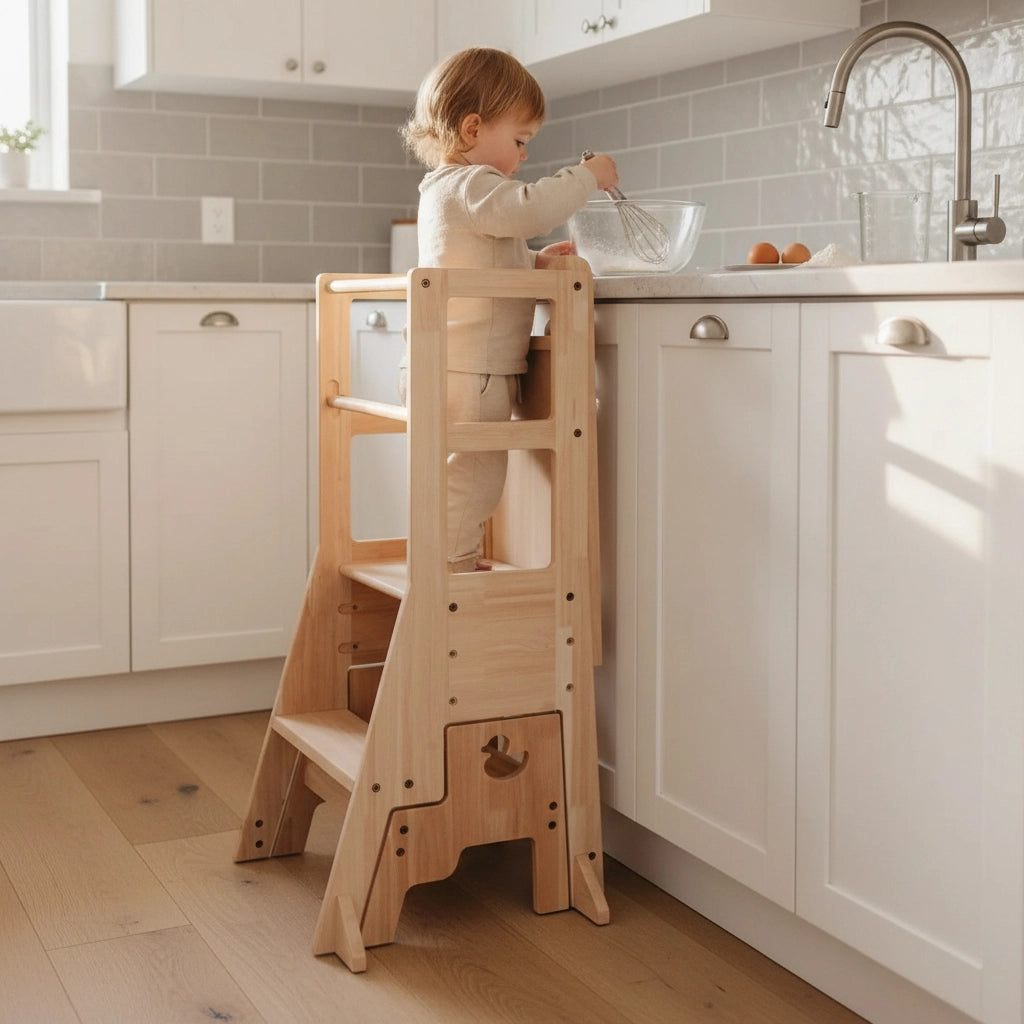 A toddler stands on the solid pine Montessori stool while mixing ingredients at a kitchen counter