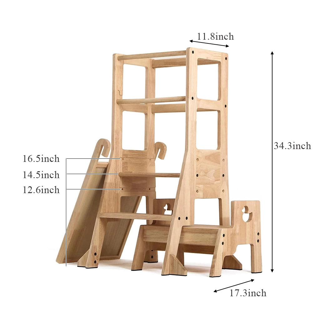 Dimension diagram of the solid pine toddler standing stool showing measurements of 34.3 inches high and 17.3 inches wide