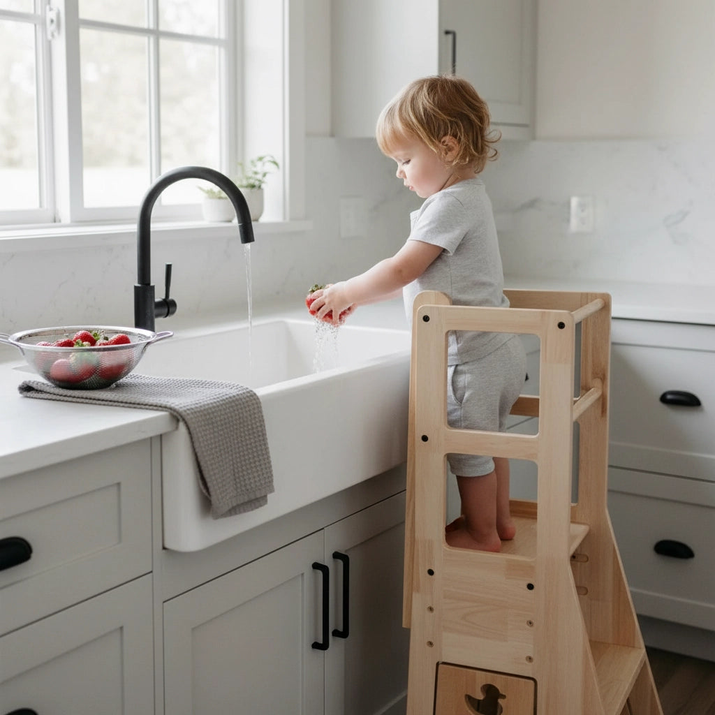 A toddler stands on the solid pine standing stool to wash fresh strawberries in a kitchen sink