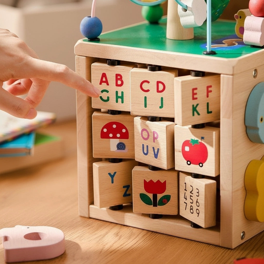 Toddler Activity Cube with Bead Maze, Solid Wood