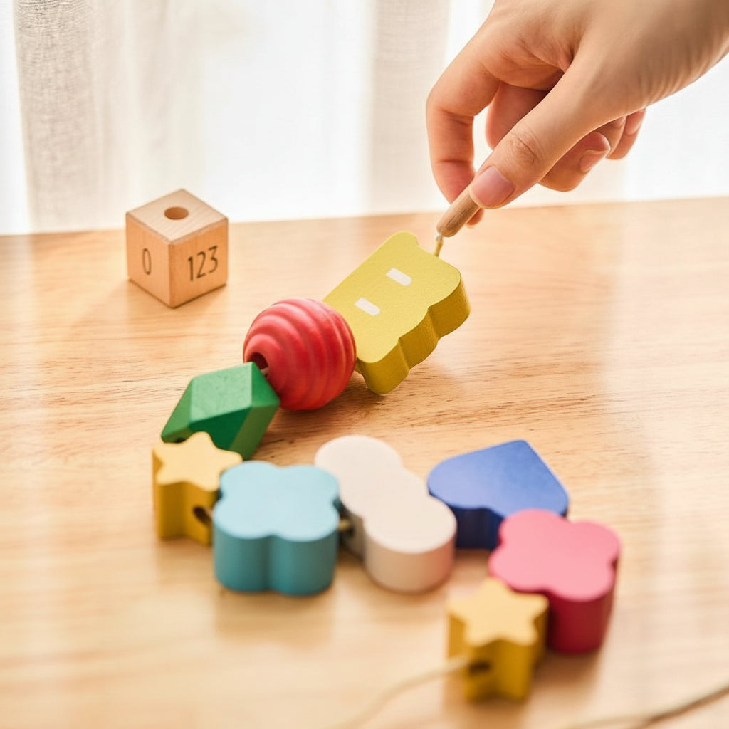 Toddler Lacing and Stacking Blocks Set, Solid Beech Wood