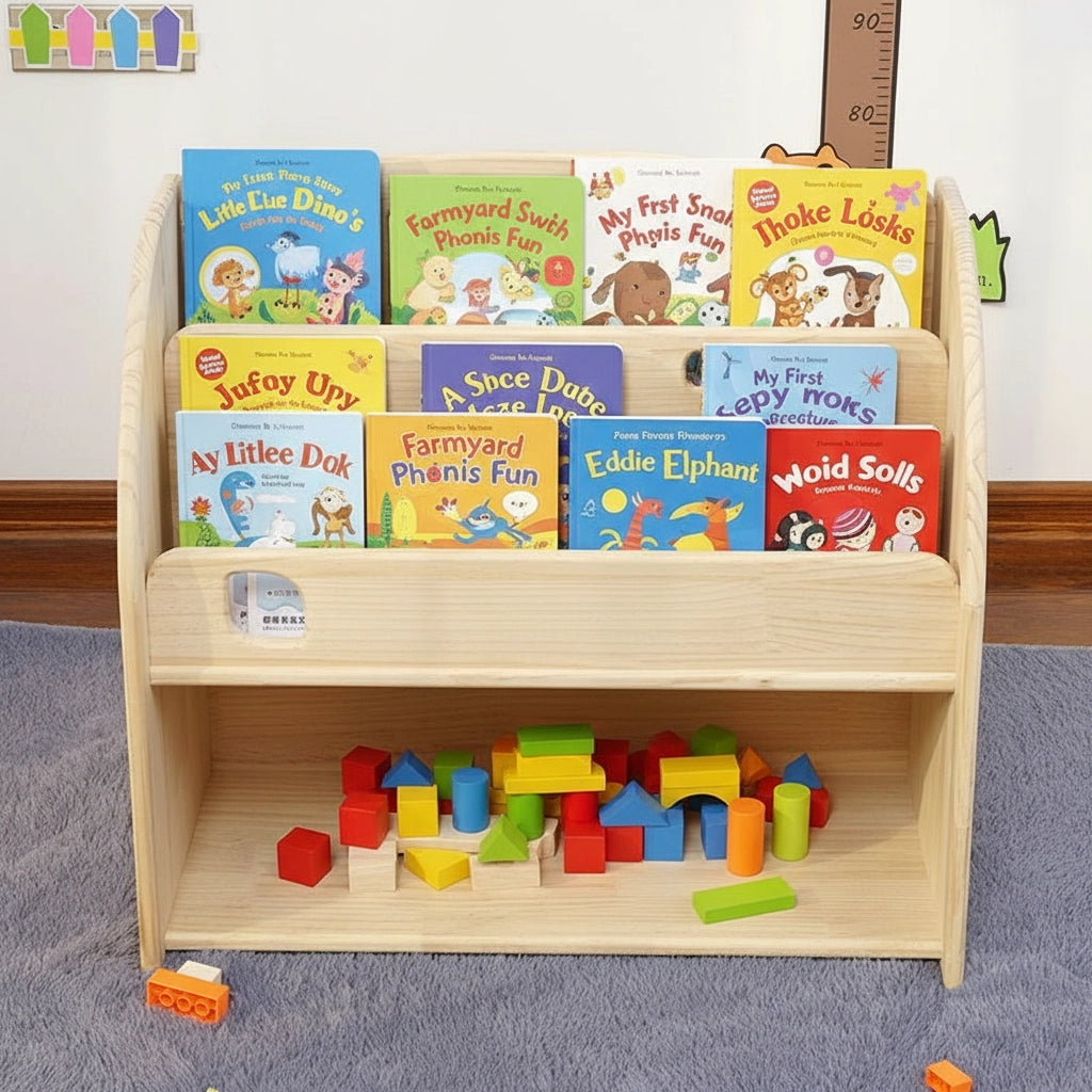 Montessori Kids Bookshelf with Toy Cubby